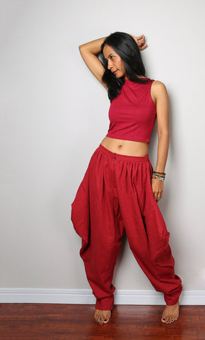 red harem pants, red cotton pants, puffy red pants by Nuichan