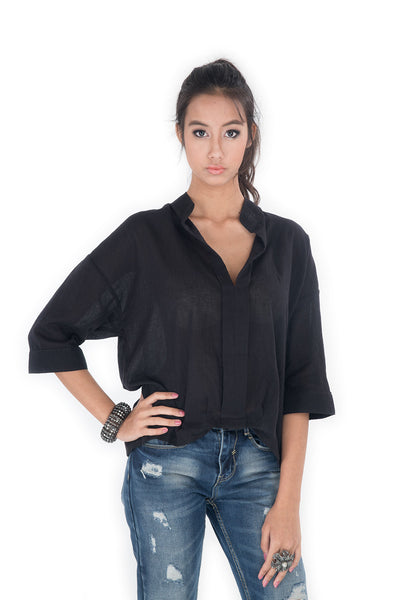 black blouse, blouse with mandarin colar, long sleeve blouse, blouse by Nuichan
