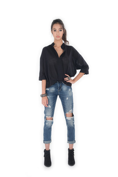 black blouse, blouse with mandarin colar, long sleeve blouse, blouse by Nuichan