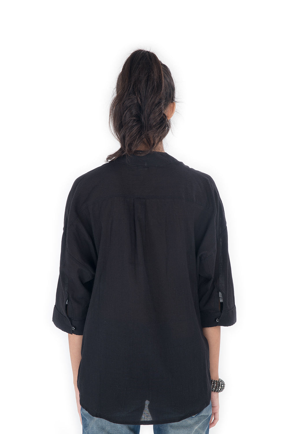 black blouse, blouse with mandarin colar, long sleeve blouse, blouse by Nuichan