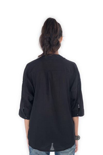 black blouse, blouse with mandarin colar, long sleeve blouse, blouse by Nuichan
