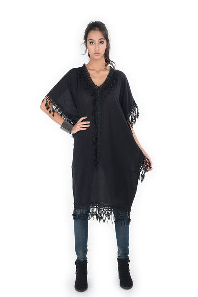 black kaftan dress, medium length kaftan, black kaftan, cotton and lace kaftan, summer kaftan, black boho kaftan, kaftan tunic by Nuichan
