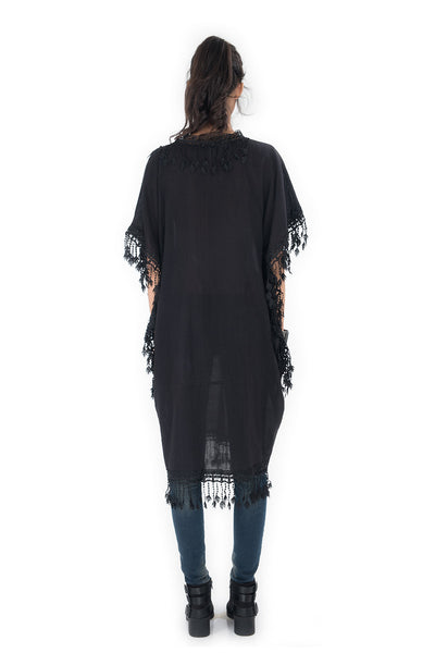 black kaftan dress, medium length kaftan, black kaftan, cotton and lace kaftan, summer kaftan, black boho kaftan, kaftan tunic by Nuichan