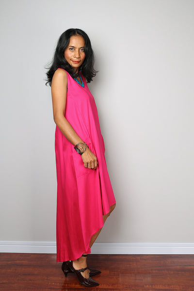hot pink halter dress, short front long in the back dress, sleeveless hot pink dress, dress with pockets, pink dress by Nuichan