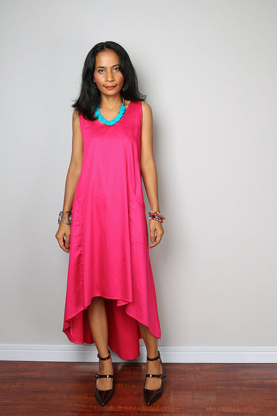 hot pink halter dress, short front long in the back dress, sleeveless hot pink dress, dress with pockets, pink dress by Nuichan