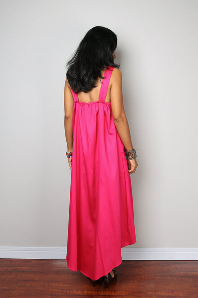 hot pink halter dress, short front long in the back dress, sleeveless hot pink dress, dress with pockets, pink dress by Nuichan