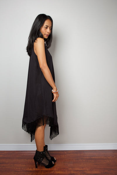 Black dress, black halter dress, black fringe dress, sleeveless dress, black summer dress, little black dress by Nuichan