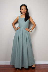 high waist denim dress with modest neckline, blue-green denim dress by Nuichan
