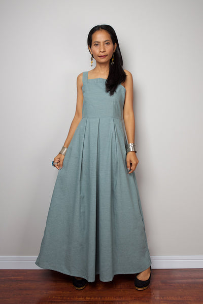 high waist denim dress with modest neckline, blue-green denim dress by Nuichan