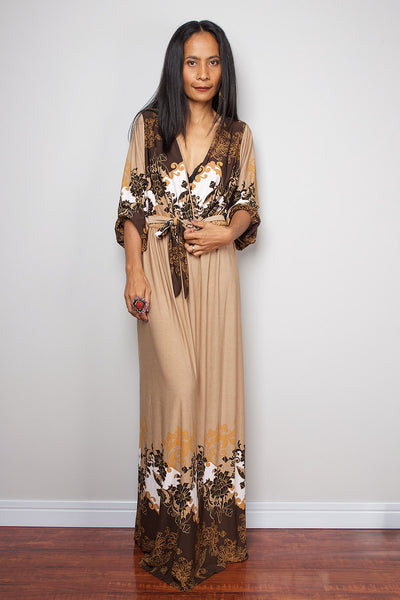 low cut boho dress with long sleeves, cream floral dress with plunging neckline by Nuichan