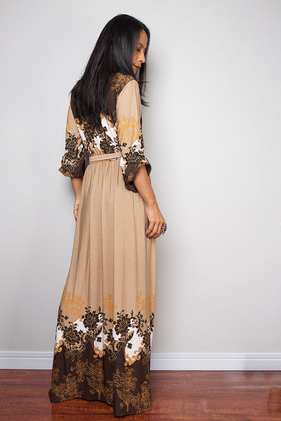 low cut boho dress with long sleeves, cream floral dress with plunging neckline by Nuichan