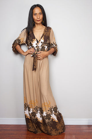low cut boho dress with long sleeves, cream floral dress with plunging neckline by Nuichan