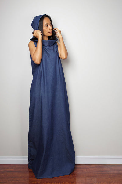 Denim tube dress, sleeveless dress with hood, dark blue dress, dress with pockets, Japanese denim, long blue denim dress by Nuichan