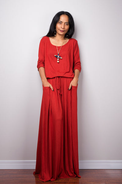 Long sleeve orange dress, Burnt Orange Maxi Dress with pockets