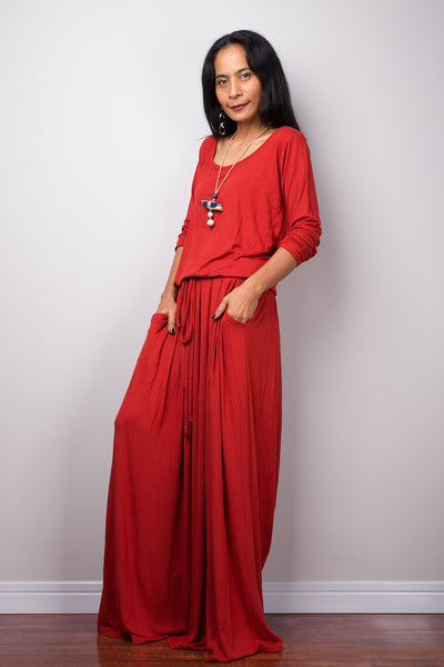 Long sleeve orange dress, Burnt Orange Maxi Dress with pockets