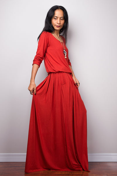 Long sleeve orange dress, Burnt Orange Maxi Dress with pockets