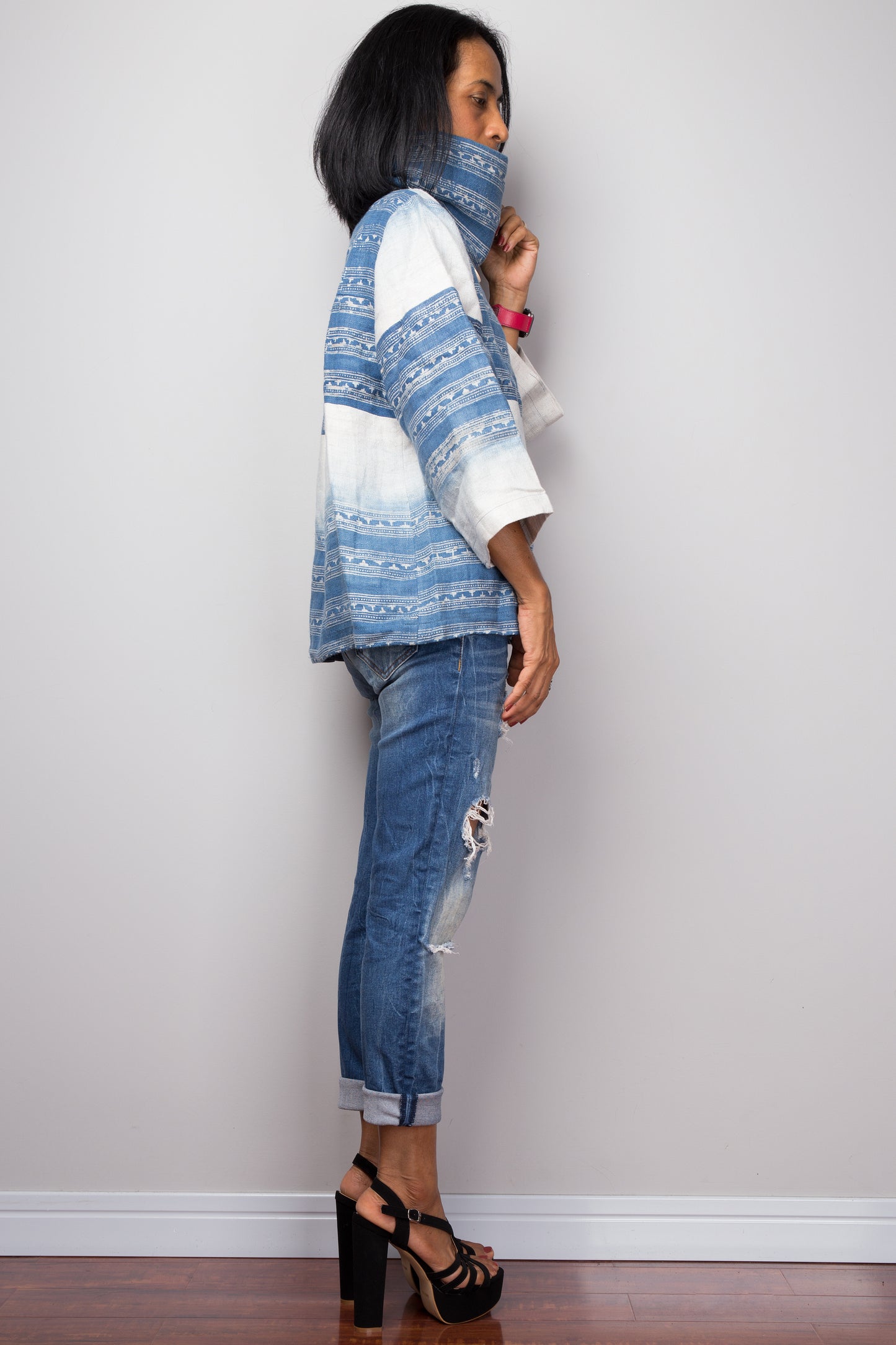 Indigo Hemp jacket | Hand drawn batik jacket | Hill tribe fabric tunic top
