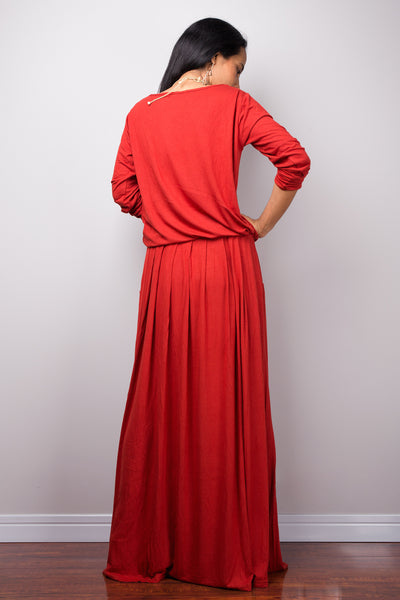 Long sleeve orange dress, Burnt Orange Maxi Dress with pockets