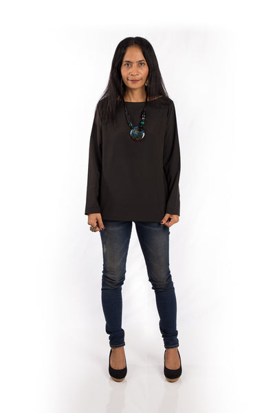Modest black top, women's blouse with buttons on the back.  Long sleeve black tunic by Nuichan