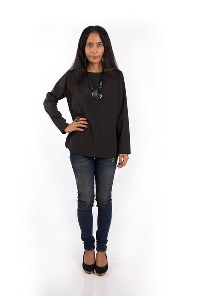 Modest black top, women's blouse with buttons on the back.  Long sleeve black tunic by Nuichan