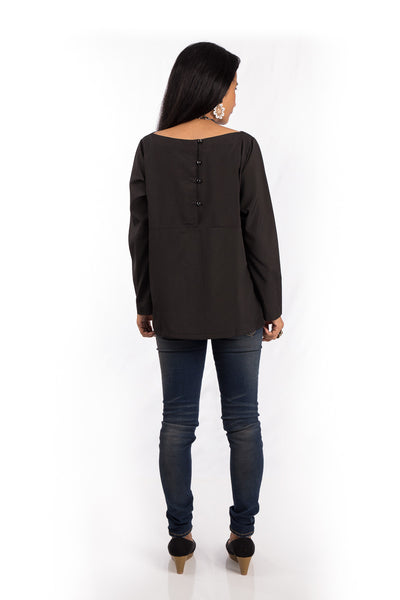 Modest black top, women's blouse with buttons on the back.  Long sleeve black tunic by Nuichan