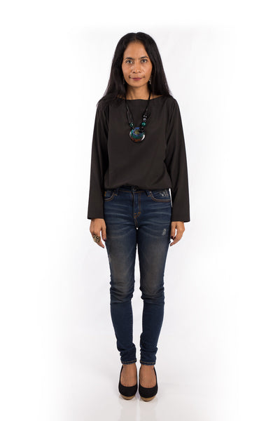 Modest black top, women's blouse with buttons on the back.  Long sleeve black tunic by Nuichan