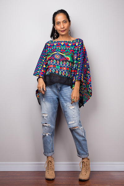Boho poncho top, A cropped embroidered kaftan top, Light sweater poncho or beach cover