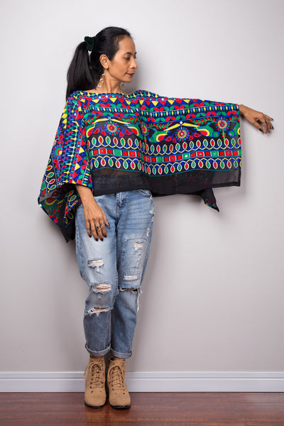 Boho poncho top, A cropped embroidered kaftan top, Light sweater poncho or beach cover