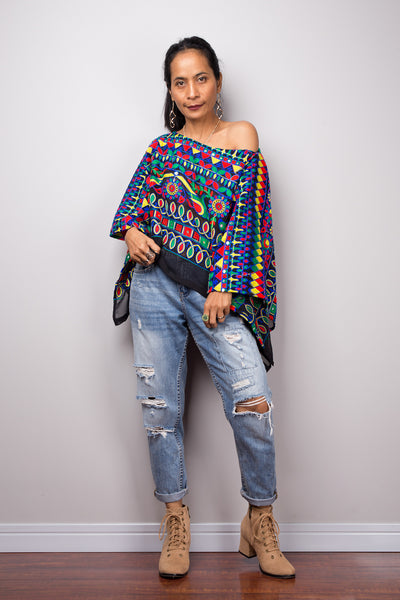 Boho poncho top, A cropped embroidered kaftan top, Light sweater poncho or beach cover