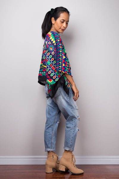 Boho poncho top, A cropped embroidered kaftan top, Light sweater poncho or beach cover