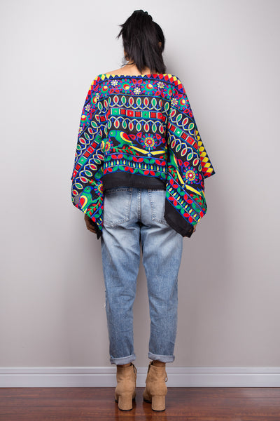 Boho poncho top, A cropped embroidered kaftan top, Light sweater poncho or beach cover