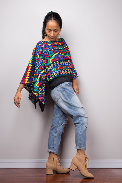 Boho poncho top, A cropped embroidered kaftan top, Light sweater poncho or beach cover