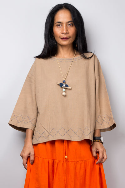 Modest cotton summer pullover top | Light brown women's tunic top