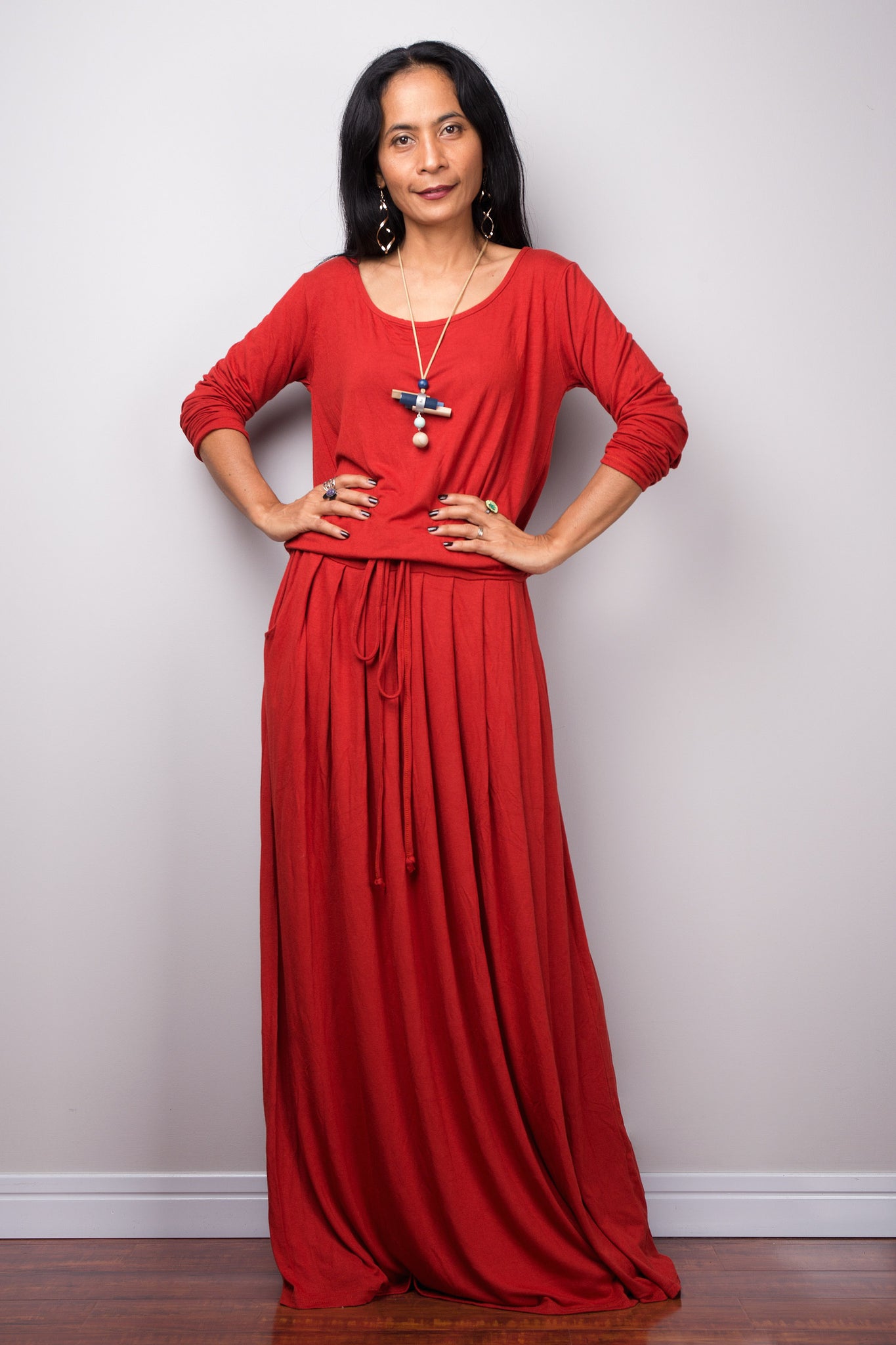 Long orange dress, Burnt Orange Maxi Dress with pockets by Nuichan
