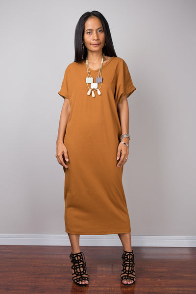 Brown Dress, Loose fit dress, tube dress, a line dress, short sleeve dress, midi dress, camel brown dress