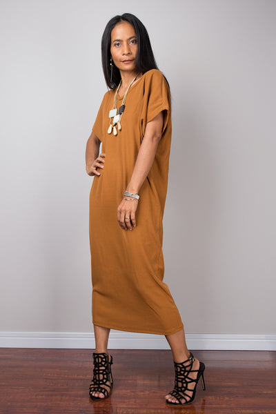 Brown Dress, Loose fit dress, tube dress, a line dress, short sleeve dress, midi dress, camel brown dress