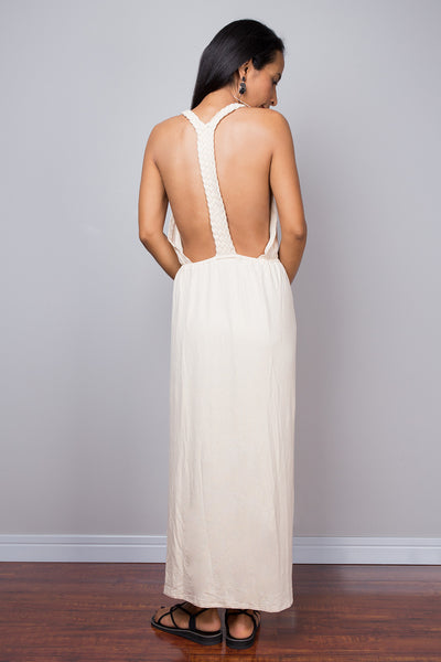 Cream dress, Halter dress, backless dress, midi dress, sleeveless dress, long cream dress, split dress, open back dress