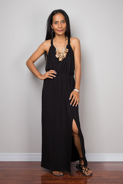 Black dress, Halter dress, backless dress, midi dress, sleeveless dress, long black dress, split dress, open back dress
