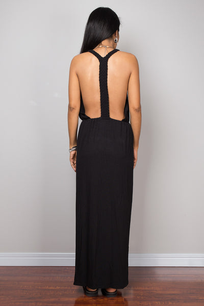 Black dress, Halter dress, backless dress, midi dress, sleeveless dress, long black dress, split dress, open back dress