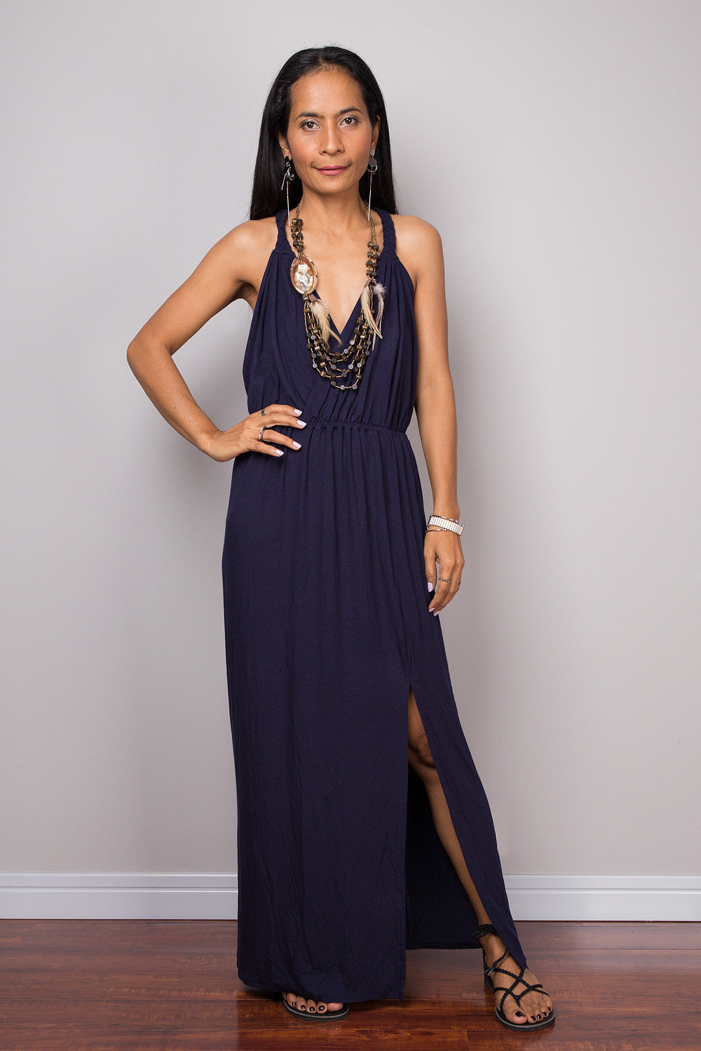Navy blue halter dress sales long