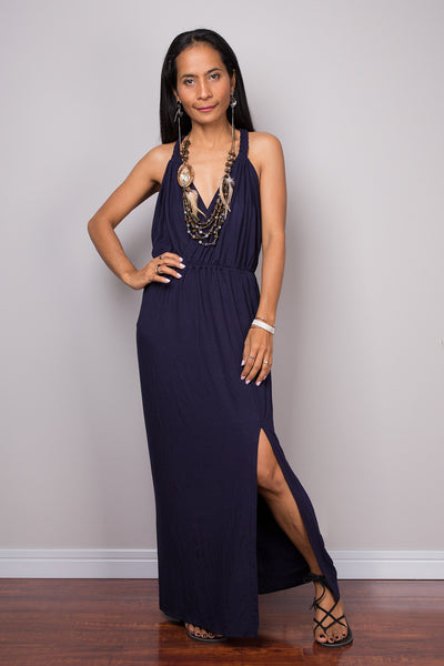 Blue dress, Halter dress, backless dress, midi dress, sleeveless dress, long blue dress, split dress, open back dress