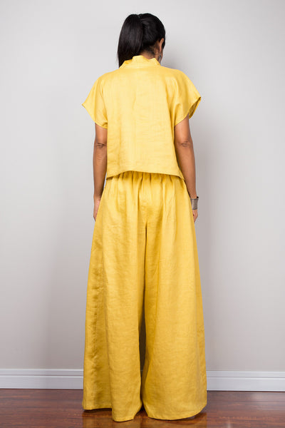 Handmade yellow linen women's t shirt tunic top. Yellow summer blouse top