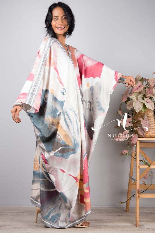 Nuichan women's silk kaftan dress | Tropical print dress online