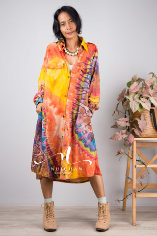 Tie dye shirt dress, Hand dyed midi Dress, Boho Festival dress, rainbow dress, hippie dress, colourful button dress, Summer dress with pockets