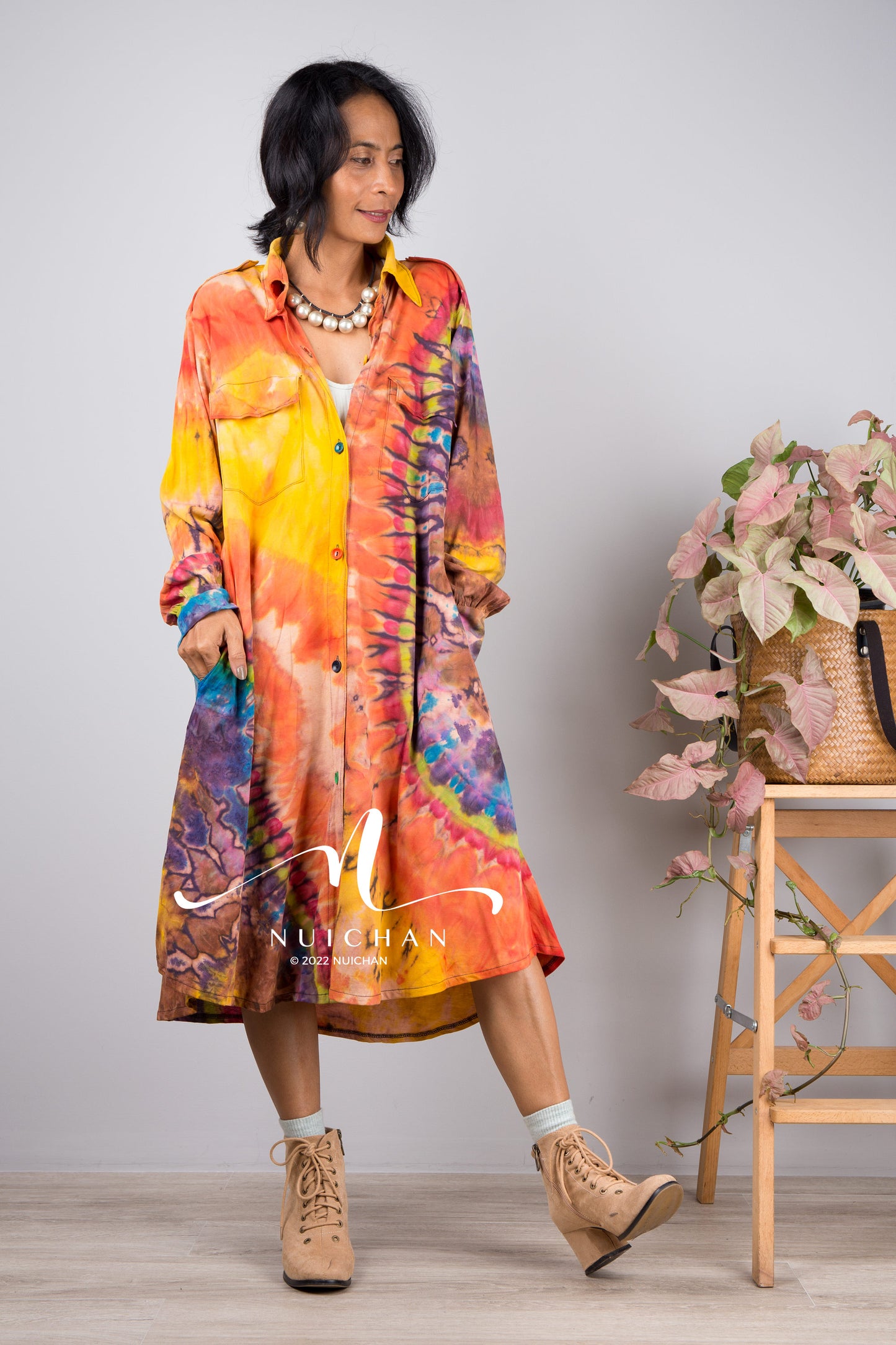 Tie dye shirt dress, Hand dyed midi Dress, Boho Festival dress, rainbow dress, hippie dress, colourful button dress, Summer dress with pockets