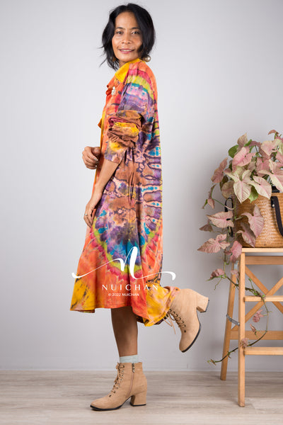 Tie dye shirt dress, Hand dyed midi Dress, Boho Festival dress, rainbow dress, hippie dress, colourful button dress, Summer dress with pockets