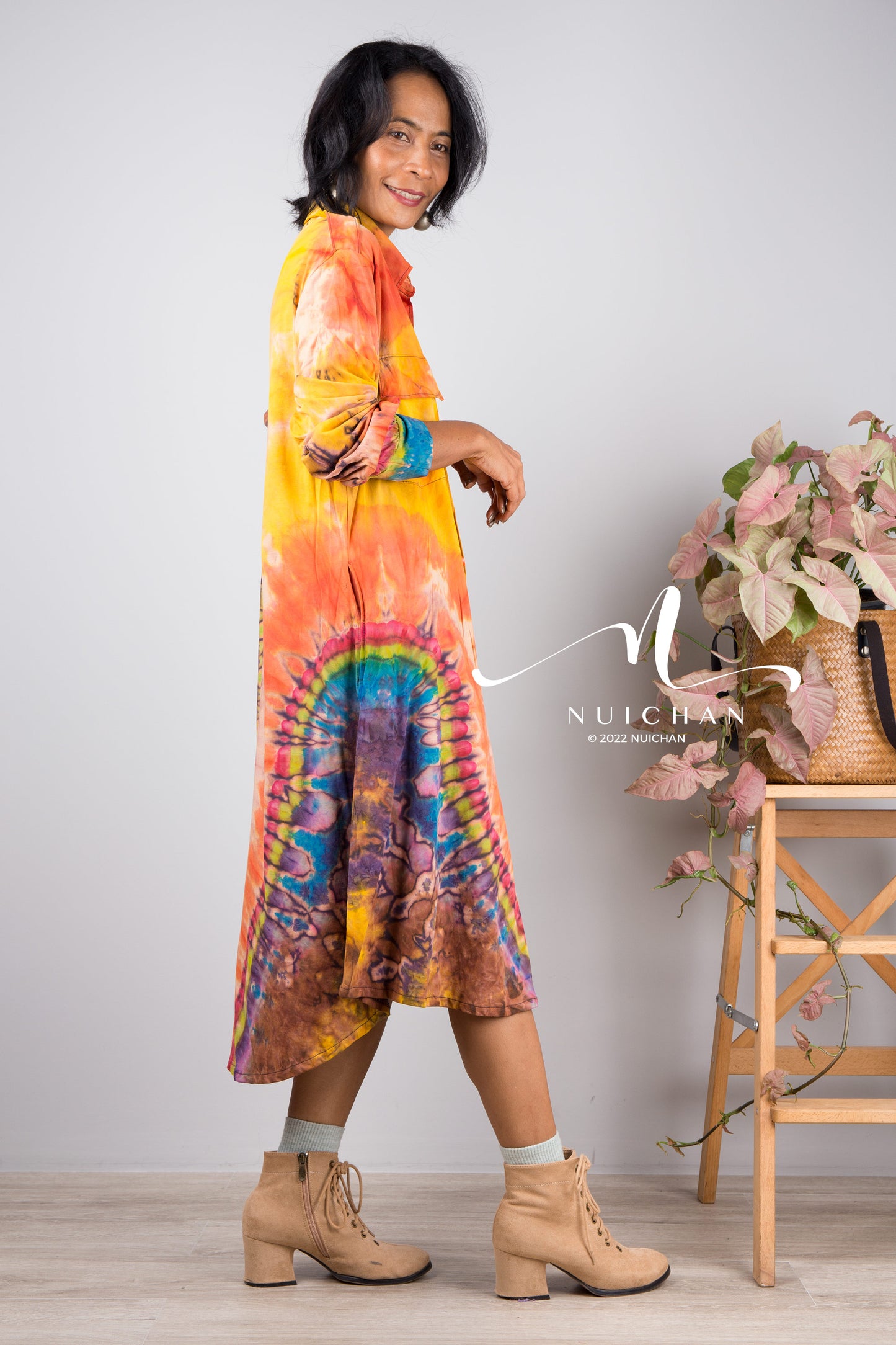 Tie dye shirt dress, Hand dyed midi Dress, Boho Festival dress, rainbow dress, hippie dress, colourful button dress, Summer dress with pockets