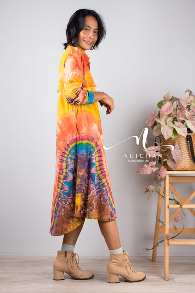 Tie dye shirt dress, Hand dyed midi Dress, Boho Festival dress, rainbow dress, hippie dress, colourful button dress, Summer dress with pockets