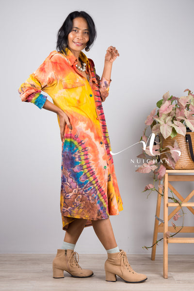 Tie dye shirt dress, Hand dyed midi Dress, Boho Festival dress, rainbow dress, hippie dress, colourful button dress, Summer dress with pockets