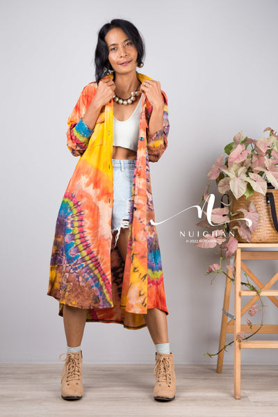 Tie dye shirt dress, Hand dyed midi Dress, Boho Festival dress, rainbow dress, hippie dress, colourful button dress, Summer dress with pockets